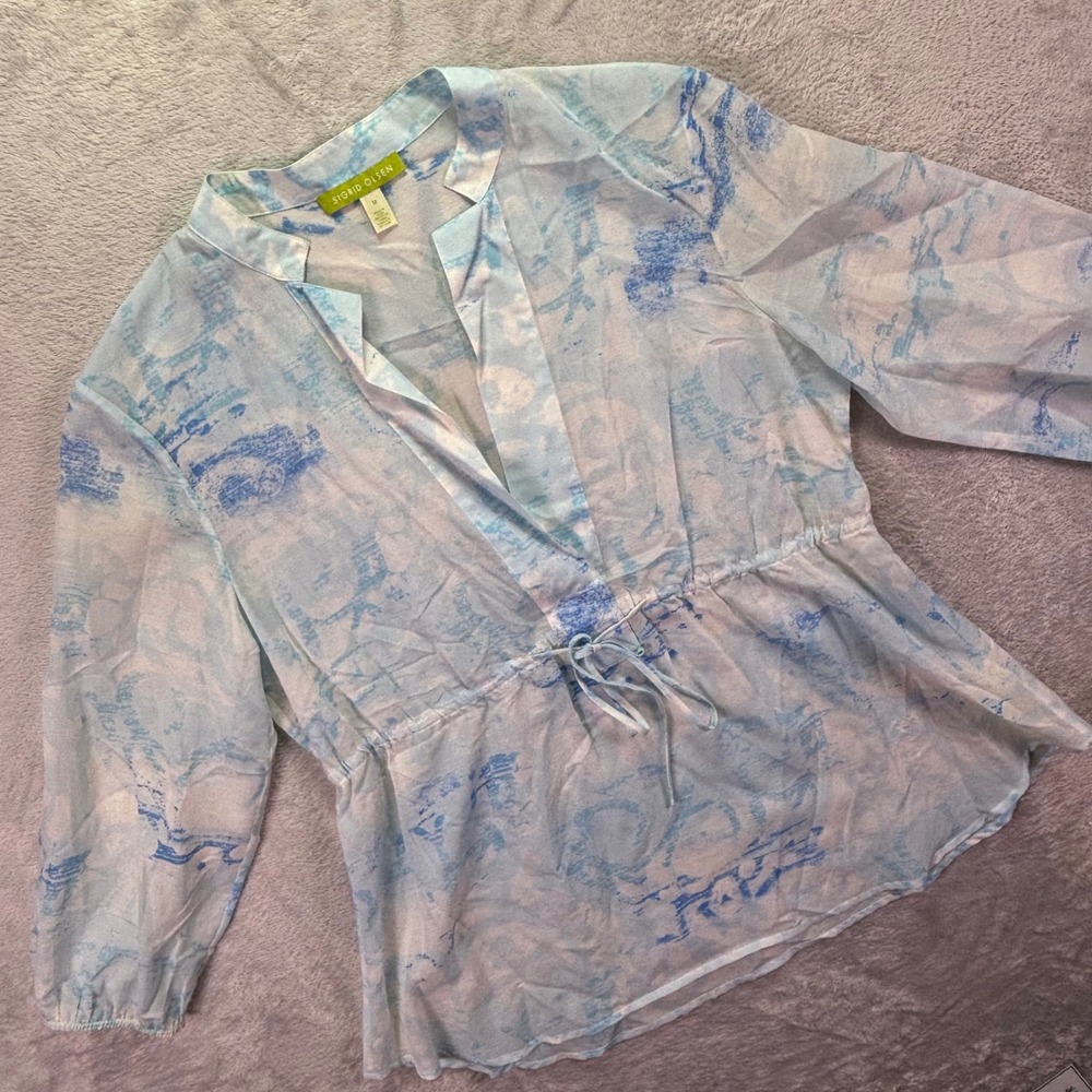 Sigrid Olsen Women Tunic Sz M Blue White Silk Cotton Drawstring Waist SOMU29F7